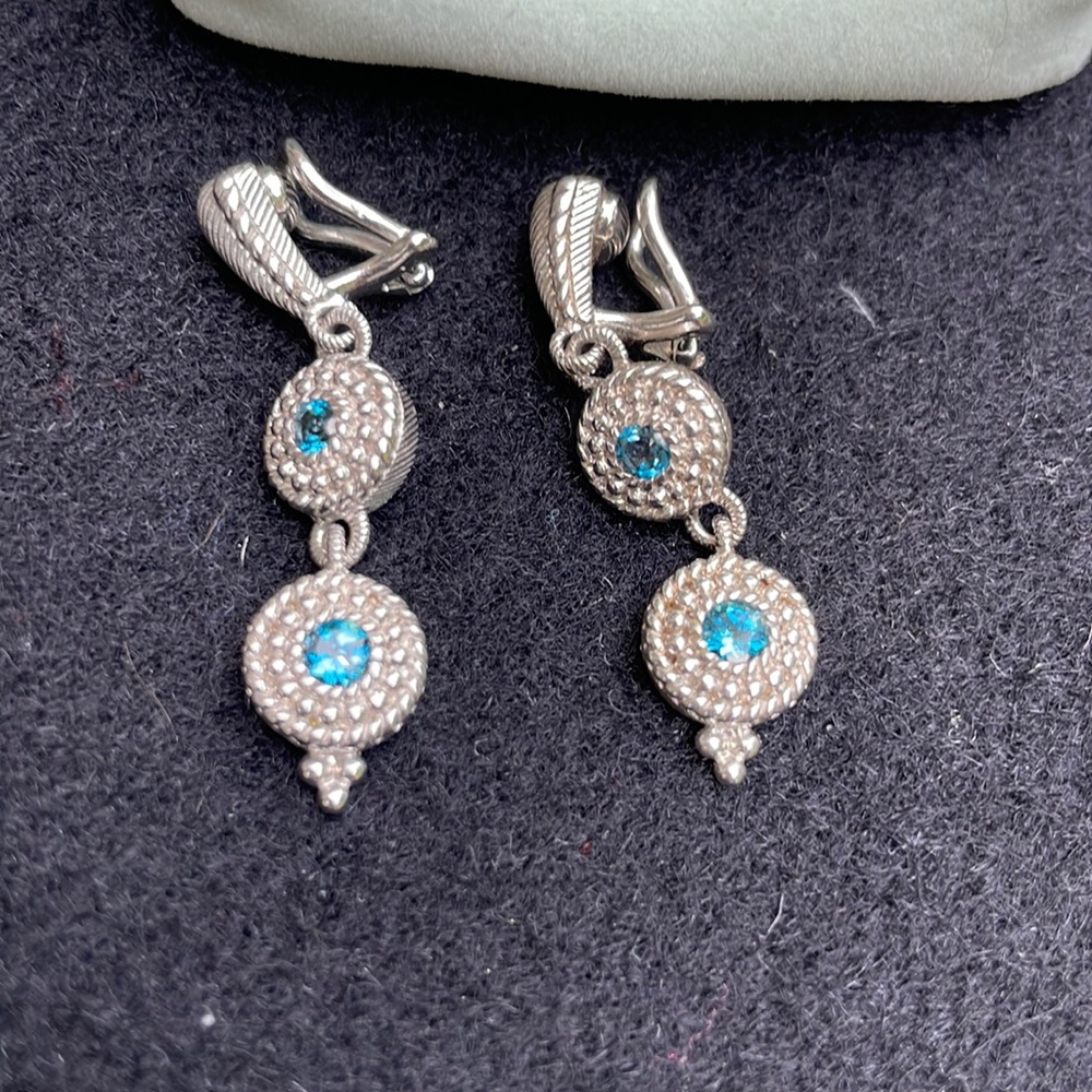 Judith Ripka Sterling Silver Blue CZ Round Circle Dangle clip on Earrings